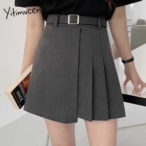 Yitimuceng Plissada Saia Mulheres Dobra Mini Saias Cintura Cinza Cinza Verão Preto Estilo Preppy Fashion Fashion Wiith Belt 210601