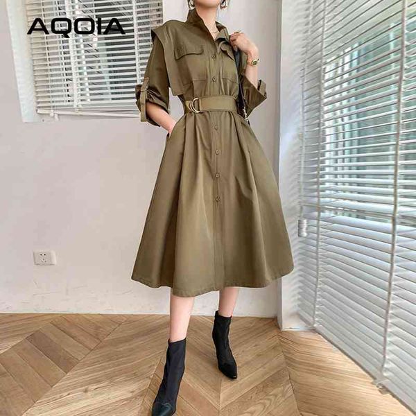 Moda Primavera Safari Estilo Pulso de Pulso Mulheres Vestido Chic Button Up Sashes Coloque Colar A-Linha Trench 210521