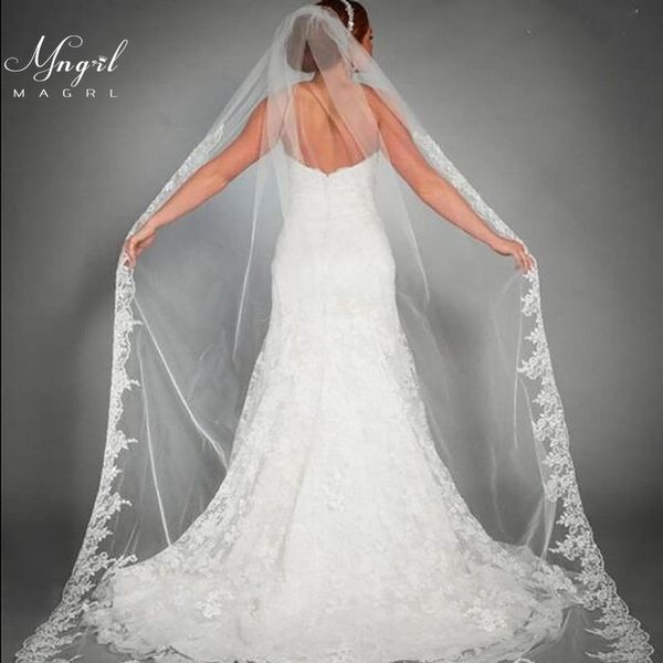 

bridal veils mngrl wedding accessories veil simple retro lace single layer 3m cathedral trailing pure color white soft yarn, Black