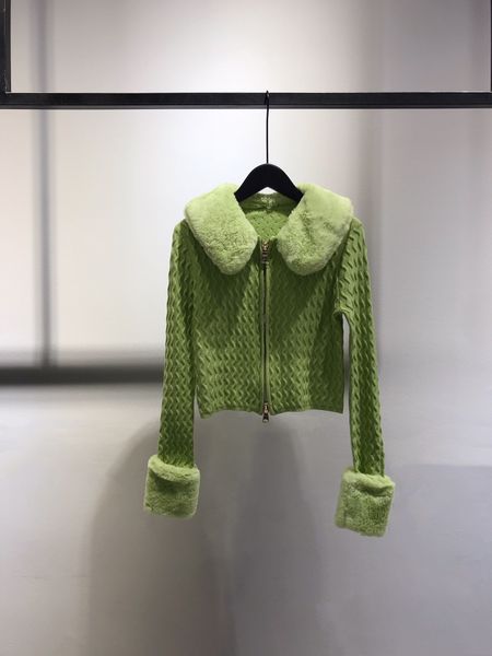 

wool collar thread elastic knitted cardigan slim sweet coat, White