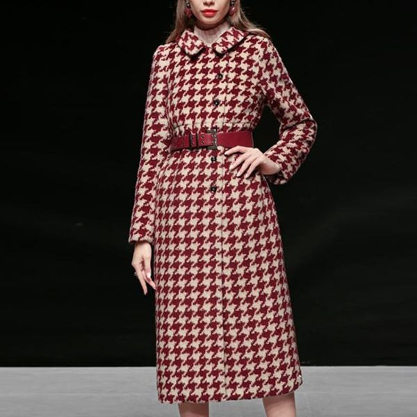 

women's wool & blends houndstooth temperament slim woolen coat winter women thickened mid-length warm ol overcoat, Black