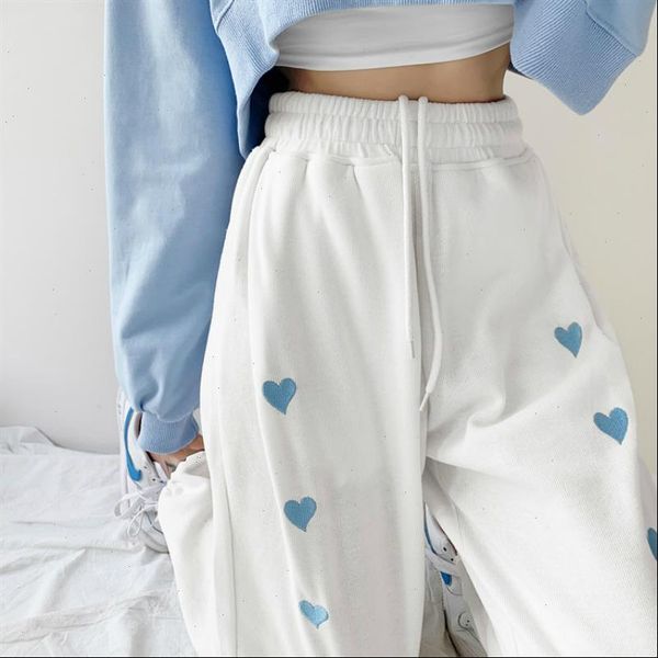 

korean casual loose heart print women pant streetwear sweatpants femme high waist harajuku trousers wide leg sport jogger harem pants, Black;white