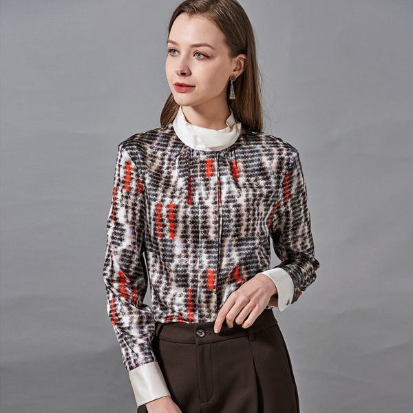 

92% silk 8% spandex women's shirt stand collar long sleeves printed elegant pullover blouse, White