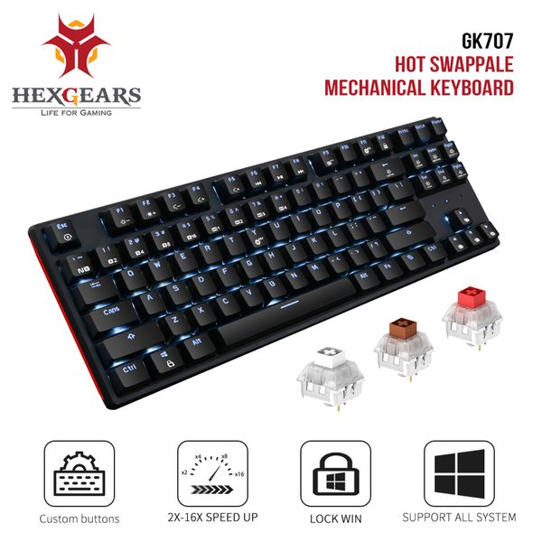 Hexgears GK707 87 Chave Gamer Mecânica Kailh Caixa Interruptor Hot Swap Anti Ghosting Branco LOL Gaming Teclado PC / Mac / Lap