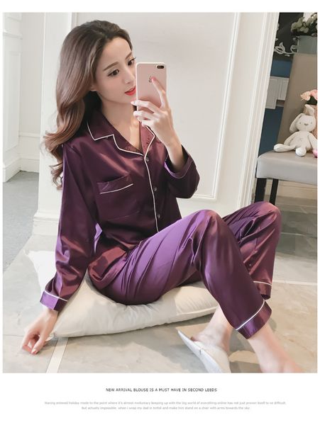 

women's sleepwear pyjamas long sleeve pure color silk 2 pcs casual cardigan silk pajamas, Black;red