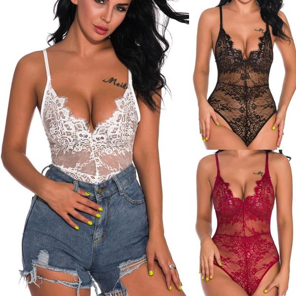

women's jumpsuits & rompers women romper 2021 summer spaghetti strap skinny jumpsuit transparent floral lace deep v backless sheer mesh, Black;white