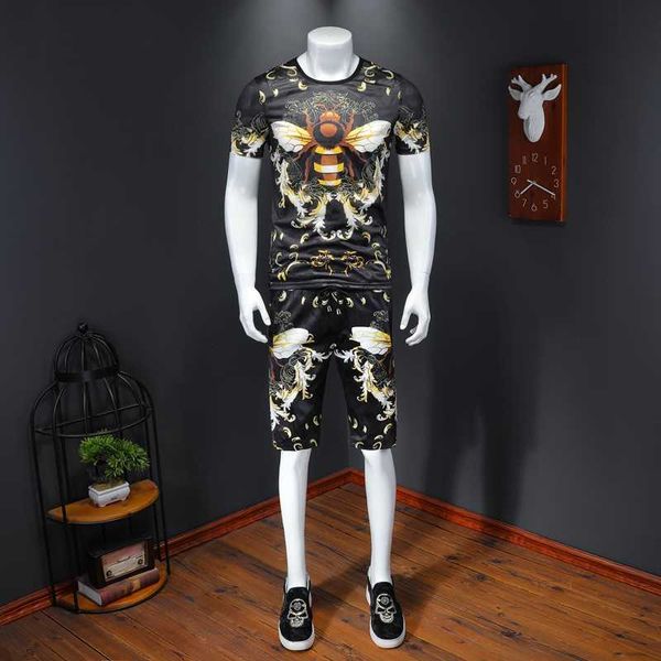 

brand bee print t-shirt suit men tracksuit summer two-piece set tshirts+shorts sweat suit casual streetwear clothes ropa hombre 210527, Gray
