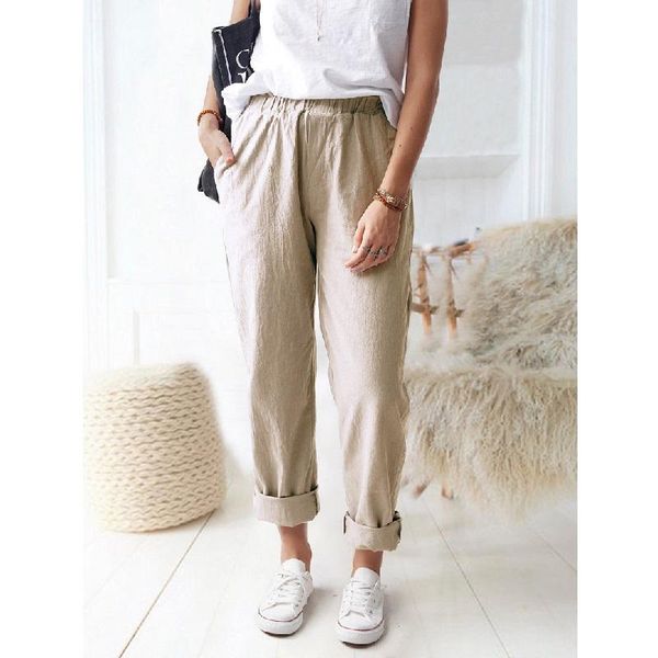 

women's pants & capris cotton linen big pocket thin solid elastic waist pant for women 2021 summer straight white homewear trousers, Black;white