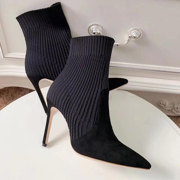 

boots sharp with thin genuine leather high split elastic wool woman ankle, Black