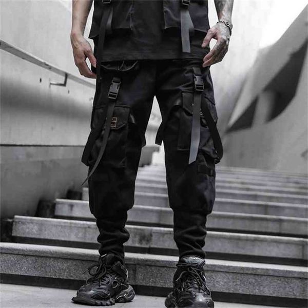 

iidossan men cargo pants fashion black harem joggers multi-pockets ribbons sweatpants streetwear casual 210715