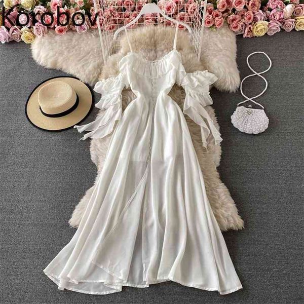

korobov summer new chic spaghetti strap dress women solid color slim waist a line dresses female single breasted ropa mujer 210430, Black;gray