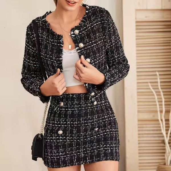 

vintage blazer plaid women's office autumn business suit with high-waisted in fashion tweed skirt jackets 2 joint 2021 1pvi, Black