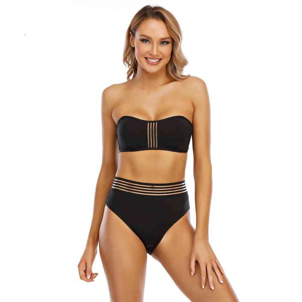 

belly covering strap split triangle swimsuit women's high waist bikini, Black;white