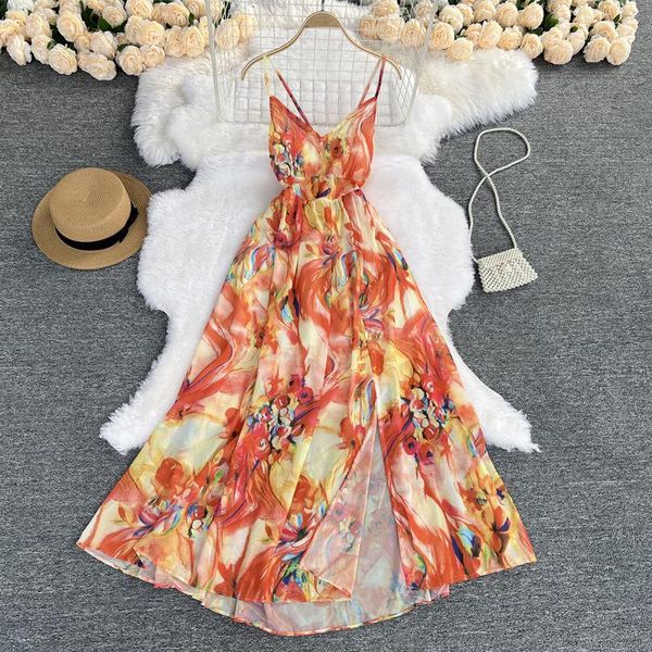 

casual dresses summer seaside holiday dress female halter straps waist temperament printed long women boho elegant, Black;gray