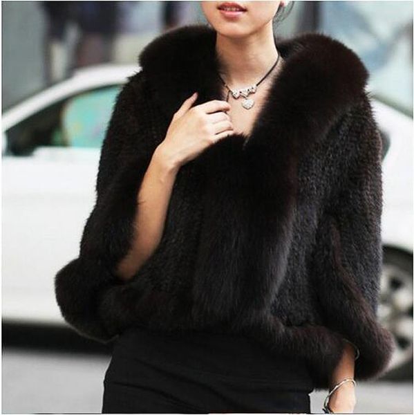 

real genuine natural knitted mink fur shawl coat with fox fur collar womens fashion knit jacket cape, Black