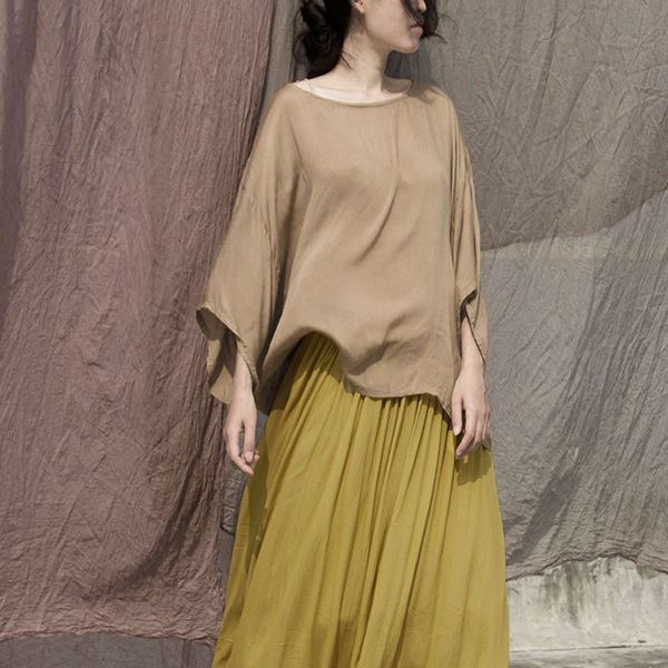 

johnature summer vintage women t-shirts bat sleeve khaki loose soft plus size women cloths solid color t-shirts 210521, White