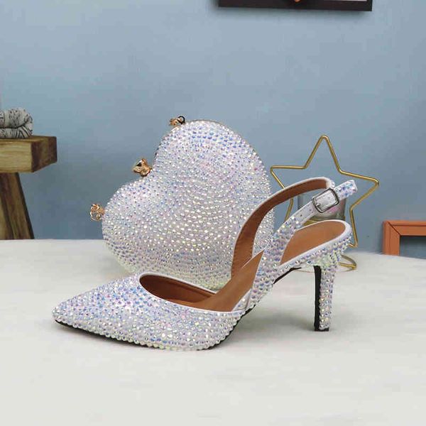 

dress shoes 2021 arrival heart white ab bling pointed toe wedding and bag woman high pumps thin heel party slingbacks 9vc5, Black