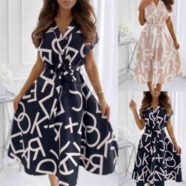 

office lady v neck maxi dress with belt fashion letter print big swing casual button short sleeve long women 210517, Black;gray