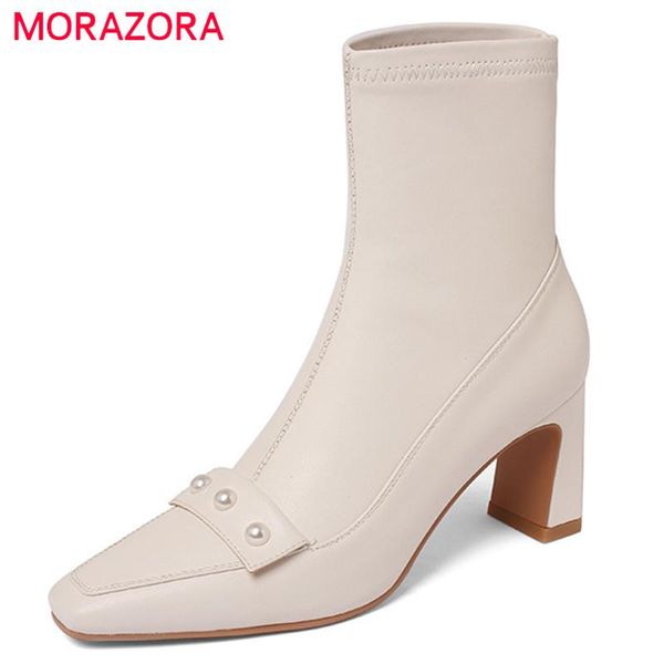 

boots morazora 2022 autumn winter ankle women shoes square toe solid colors stretch slip on high heels, Black