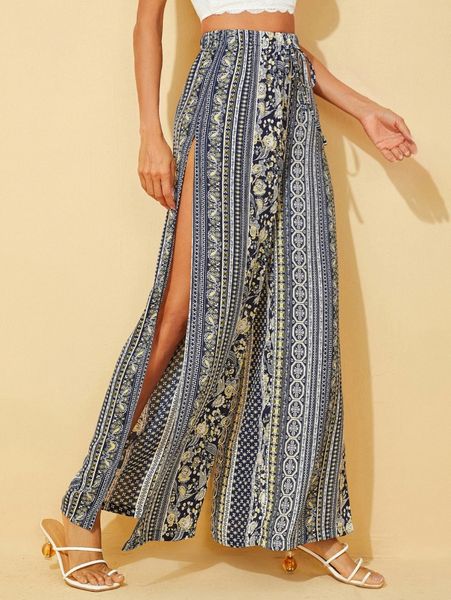 

paisley print split thigh wide leg pants n1fn#, Black;white