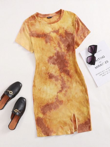 

plus tie dye rib-knit dress f7ab#, Black