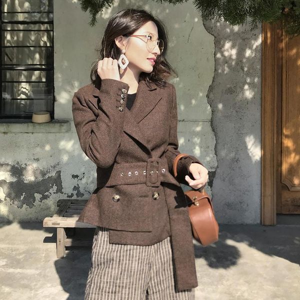 

women's suits & blazers female plaid wool suit autumn winter feminino retro jacket slim casual woolen herringbone pattern blazer, White;black