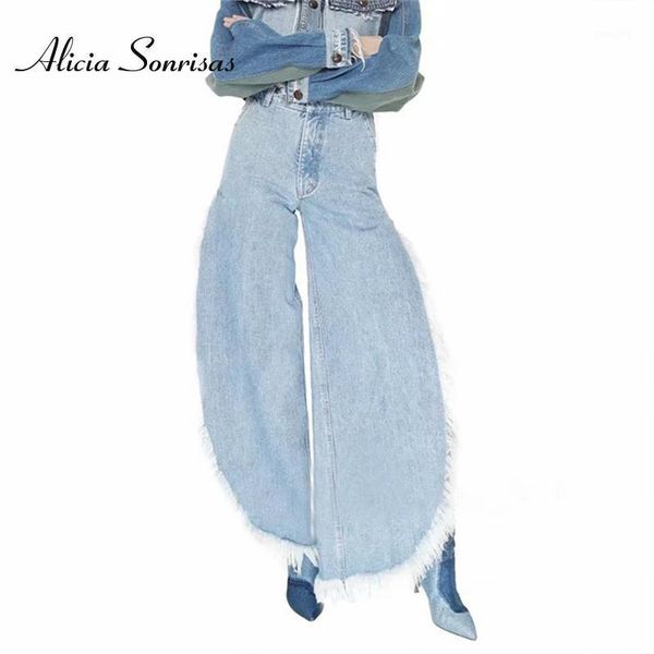 

spring autumn street rock style vintage fashion frayed hem split jeans women's pants mid waist long, Blue