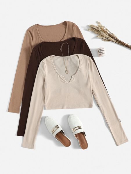 

3pcs solid notched neck tee t0bh#, White