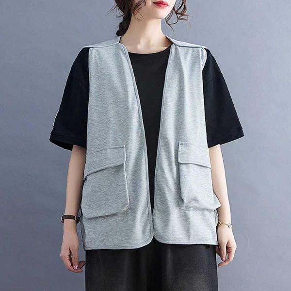

women's vests #3206cotton vest waistcoat loose cardigan kimono coat women pockets side zipper sleeveless jacket thin summer, Black;white