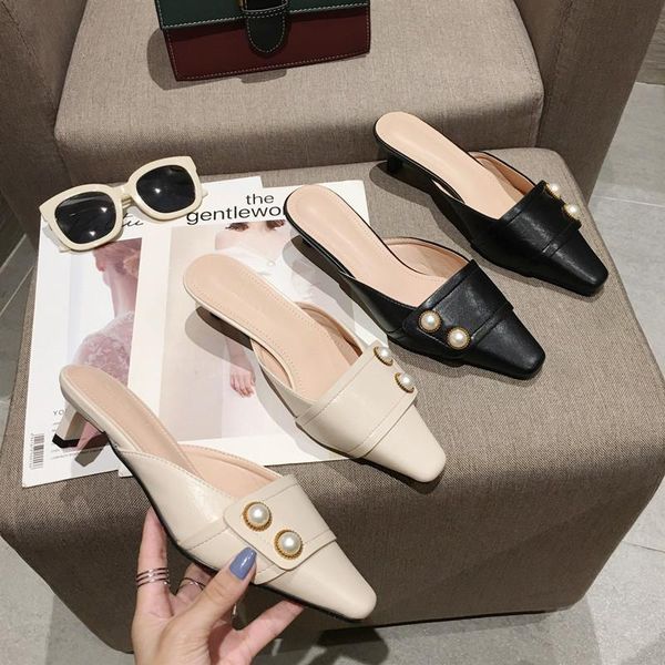 

slippers 2021 spring korean style pearl fashion small square head chunky heel semi-high heeled all-match slipper dress lazy women's sho, Black