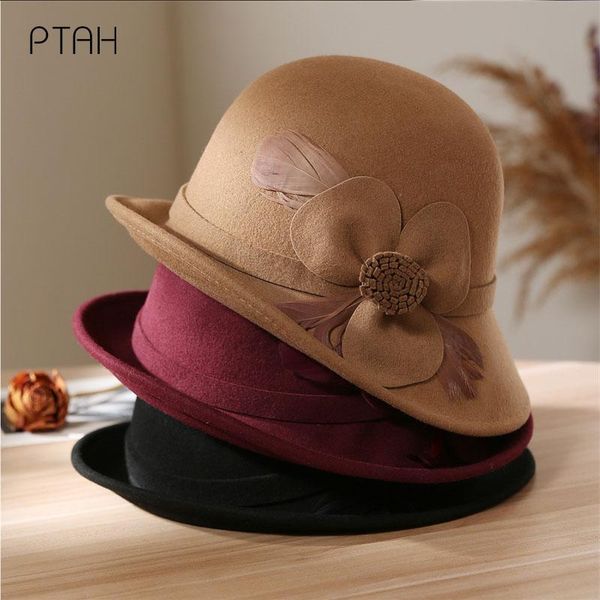 

stingy brim hats [ptah] 2021 fedoras for women wedding hat temperament elegant autumn winter flower caps 100% wool high quality, Blue;gray