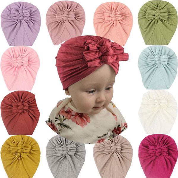 

beanies solid color children's hat cotton knotted baby pullover cap soft knitted fabric fold bow tie born caps hair band