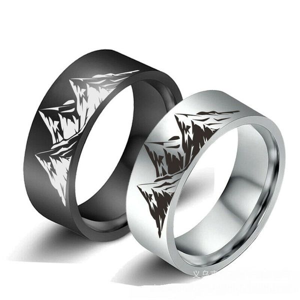 

8mm mountains rings men's black silver stainless steel band gifts size 6-13