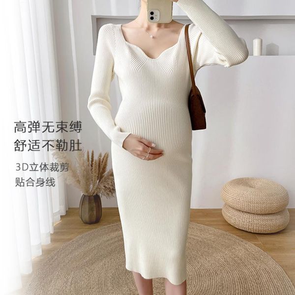 

maternity dresses 335# autumn winter thick warm knitted long dress chic ins v neck a line sweaters clothes for pregnant women pregnancy, White