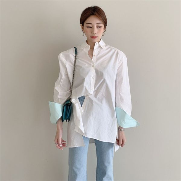 

women's spring autumn blouses korean lapel single-breasted contrast color long-sleeved loose slit irregular gx385 210507, White