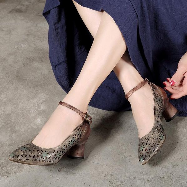

dress shoes vallu 2021 women national style leather hollow pumps lady literary pointed toe high heel characteristic leisure, Black
