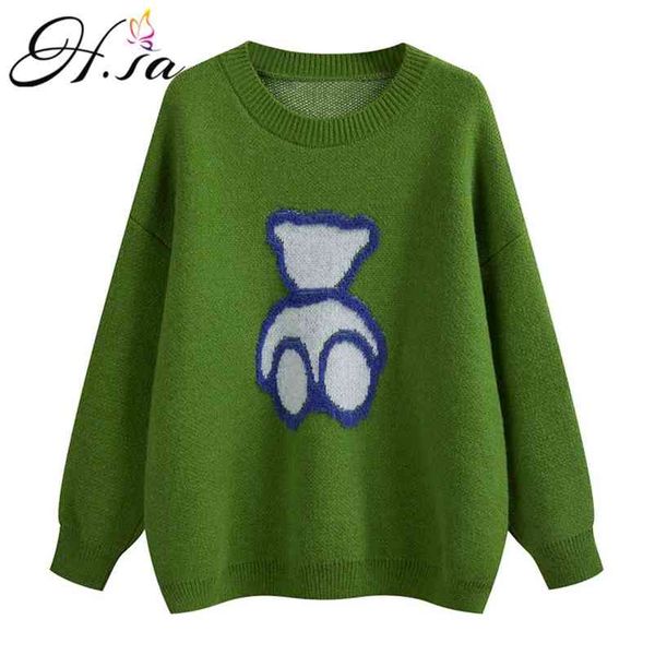 

autumn winter women cartoon sweaters bear cute pullover o-neck long loose korean jumpers green oversized female 210430, Black;gray