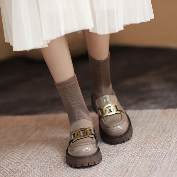 

boots 2021 winter fashion women genuine leather platform heels round toe solid fall shoes stretch, Black