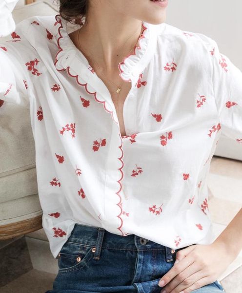 

shirt 2021 vintage delicate flower embroidered wavy edge cotton t1hj, White