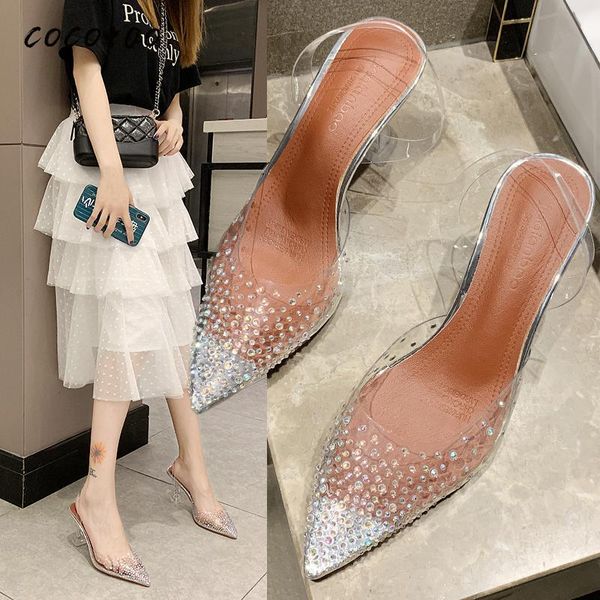 

dress shoes sandals and slippers women wear 2021 summer transparent rhinestone stiletto mules wild half drag, Black