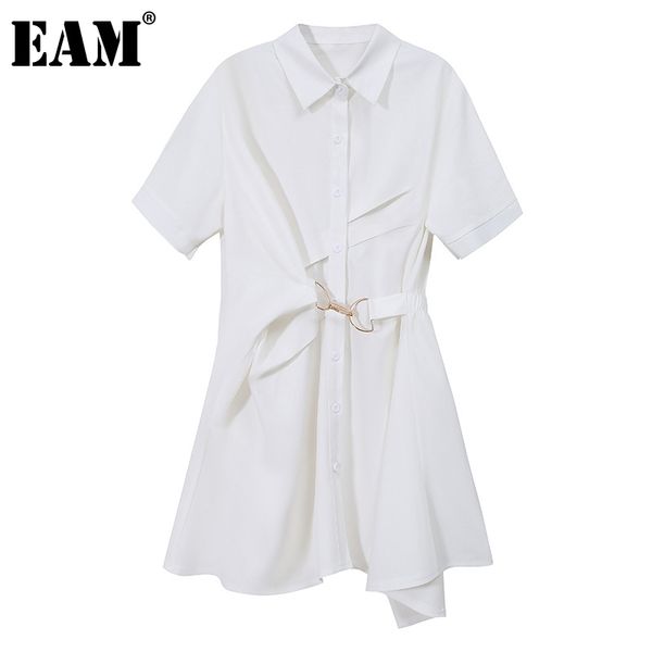 

[eam] women black irregular buckle shirt dress lapel short sleeve loose fit fashion spring autumn 1dd8694 210512, Black;gray