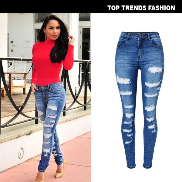 

high waist slim fit elastic trend denim leggings worn out in many places, Blue