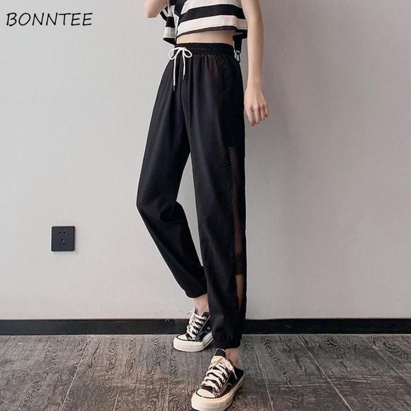 

women's pants & capris women harem trousers ulzzang mesh side-slit loose plus size hollow out high waist street style ankle-length tren, Black;white