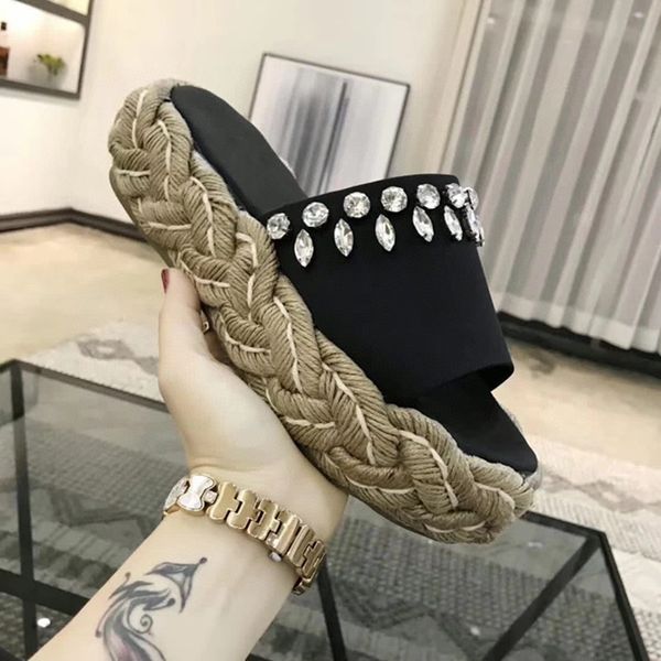 

slippers ladies summer fashion silk rhinestones natural feather hemp rope thick sole font comfortable, Black