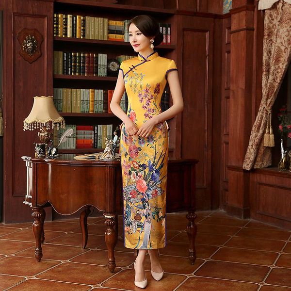 

ethnic clothing beautiful oriental women long summer chinese dress qipao silk traditional dresses cheongsam wedding yellow modern, Red