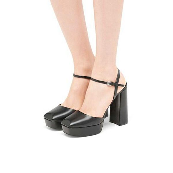 

fashion sandals women's summer genuine leather platform thick heel 11cm high single shoes mary jane dress, Black