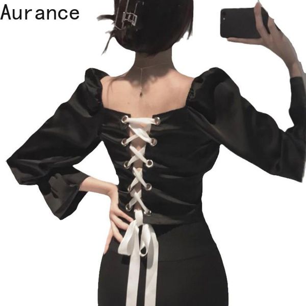 

women's blouses & shirts [aurance] women vintage shirt square collar bandage drawstring black white womens long sleeve spring