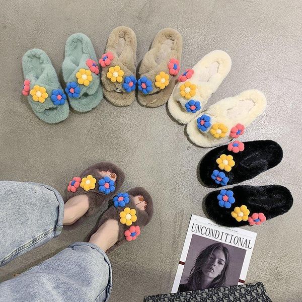 

cute women slippers winter warm furry shoes lady non-slip felt flat home family indoor fur floral soft slip on slides, Black