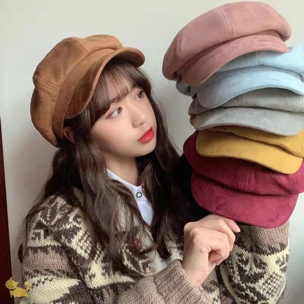 

stingy brim hats autumn and winter solid color ladies octagonal hat wild warm suede painter sboy beret british retro street fashion, Blue;gray