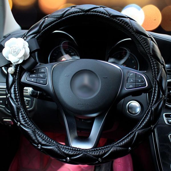 

steering wheel covers camellia flower car leather diamond pearl covered interior accessories for women girls